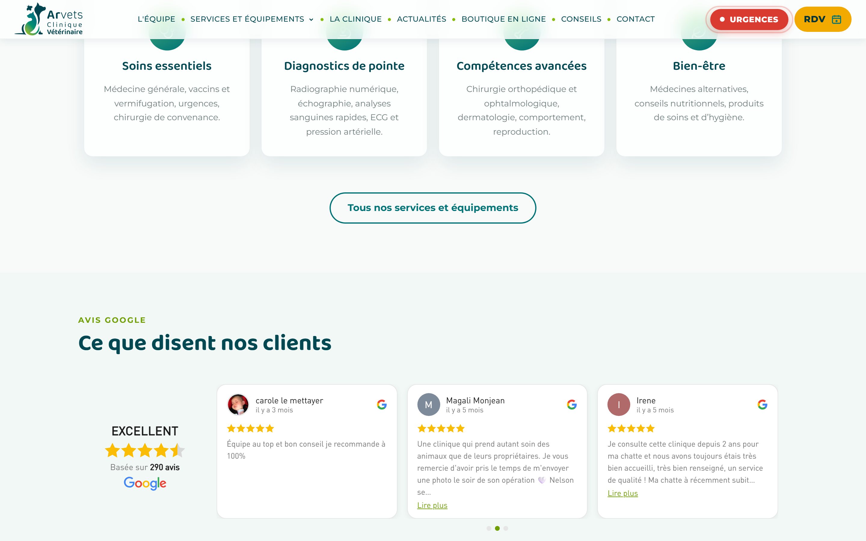 Section « Ce que disent nos clients » sur arvets.fr : badge de note Google à gauche et carrousel de trois avis récents avec noms, dates et étoiles