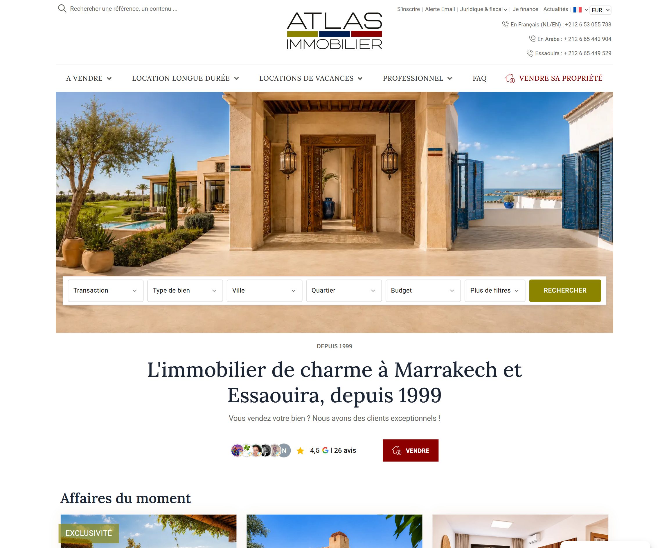 Page d’accueil après la refonte : triptyque photographique, barre de recherche en six champs, titre typographié, note Google